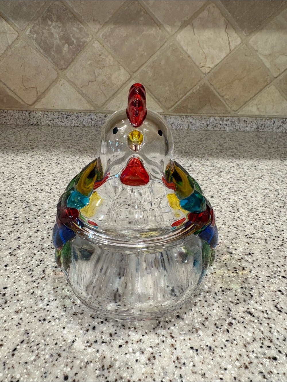 Glass Chicken Jar Clear Multicolor Rooster Candy Dish Lid New